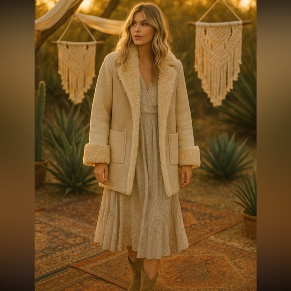Y2K Minkas Cream Shearling Women's Coat bohemian XL jacket - Picture 1 of 6